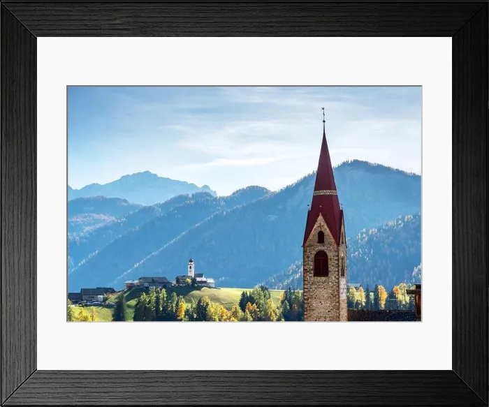 Framed Print : Dlijia Da Curt Catholic church at Mareo commune, Province of Bolzano, South Tyrol, Italy. Picturesque autumn landscape from Italian Dolomites Framed Print : Dlijia Da Curt Catholic church at Mareo commune, Province of Bolzano, South Tyrol, Italy. Picturesque autumn landscape from Italian Dolomites