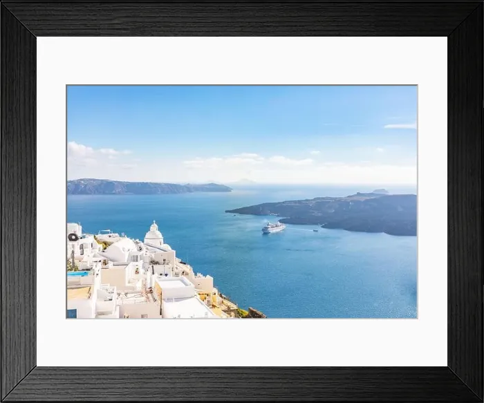 Framed Print : White wash staircases on Santorini Island, Greece. The view toward Caldera sea with cruise ship awaiting. Luxury summer travel, dream vacation Framed Print : White wash staircases on Santorini Island, Greece. The view toward Caldera sea with cruise ship awaiting. Luxury summer travel, dream vacation