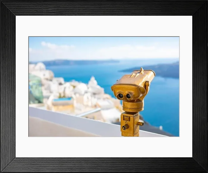 Framed Print : Tower Optical, viewfinder in Santorini during the day. Tourist binoculars, Touristic telescope look at the sea from town in Santorini island. Summer Framed Print : Tower Optical, viewfinder in Santorini during the day. Tourist binoculars, Touristic telescope look at the sea from town in Santorini island. Summer