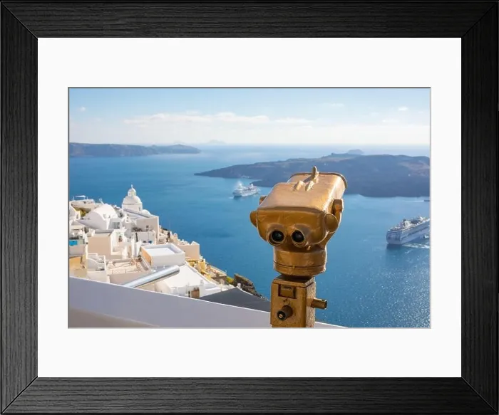 Framed Print : Tower Optical, viewfinder in Santorini during the day. Tourist binoculars, Touristic telescope look at the sea from town in Santorini island. Summer Framed Print : Tower Optical, viewfinder in Santorini during the day. Tourist binoculars, Touristic telescope look at the sea from town in Santorini island. Summer
