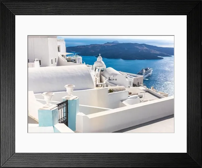 Framed Print : White wash staircases on Santorini Island, Greece. The view toward Caldera sea with cruise ship awaiting. Luxury summer travel, dream vacation Framed Print : White wash staircases on Santorini Island, Greece. The view toward Caldera sea with cruise ship awaiting. Luxury summer travel, dream vacation