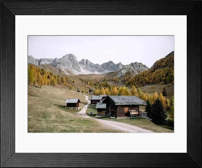 Framed Print : Incredible autumn view at Valfreda valley in Italian Dolomite Alps. Wooden cabins, yellow grass Framed Print : Incredible autumn view at Valfreda valley in Italian Dolomite Alps. Wooden cabins, yellow grass