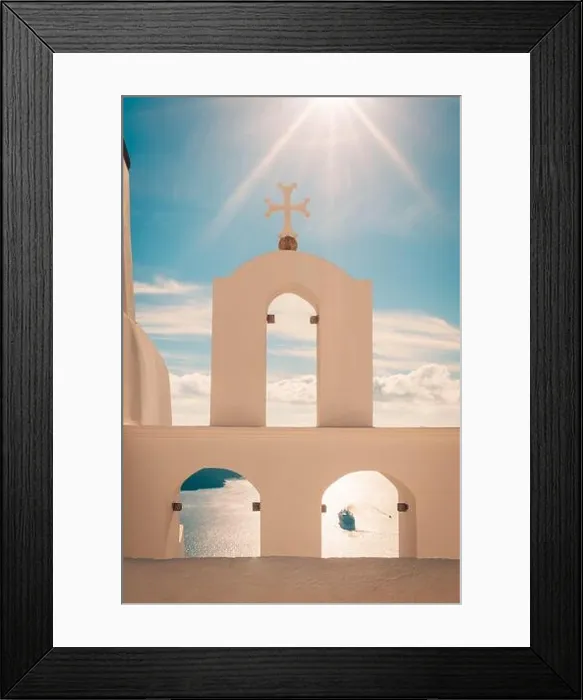 Framed Print : Beautiful view of typical Santorini church in Greece in the Cyclades Framed Print : Beautiful view of typical Santorini church in Greece in the Cyclades