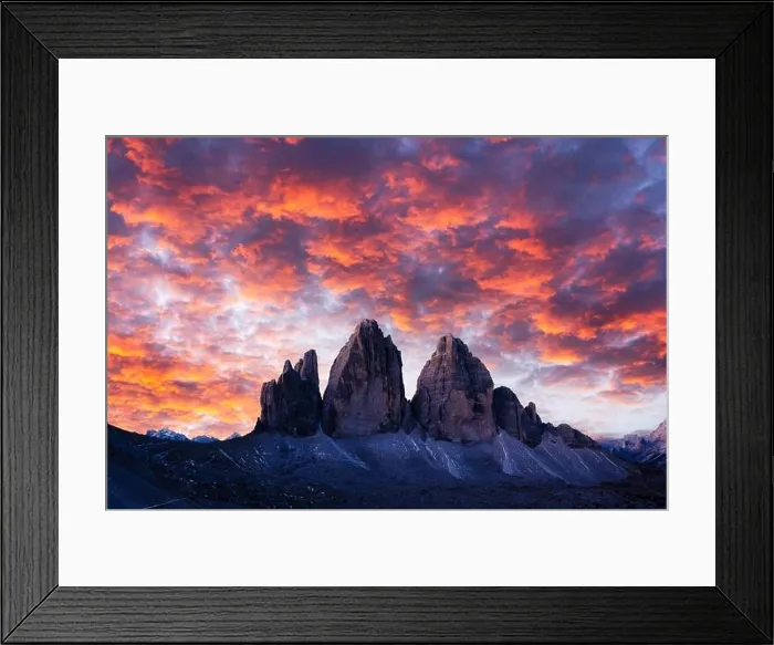 Framed Print : Incredible view of the Three Peaks of Lavaredo on sunset time. National Park Tre Cime di Lavaredo, Dolomite Alps mountains Framed Print : Incredible view of the Three Peaks of Lavaredo on sunset time. National Park Tre Cime di Lavaredo, Dolomite Alps mountains