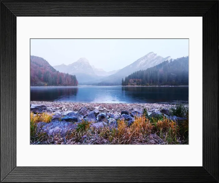 Framed Print : Peaceful autumn view on Obersee lake in Swiss Alps. Frosty grass and mountains reflections in clear water. Nafels village, Switzerland Framed Print : Peaceful autumn view on Obersee lake in Swiss Alps. Frosty grass and mountains reflections in clear water. Nafels village, Switzerland