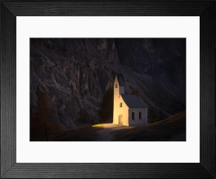 Framed Print : Incredible view on small iIlluminated chapel - Kapelle Ciapela on Gardena Pass, Italian Dolomites mountains. Dolomite Alps, Italy Framed Print : Incredible view on small iIlluminated chapel - Kapelle Ciapela on Gardena Pass, Italian Dolomites mountains. Dolomite Alps, Italy