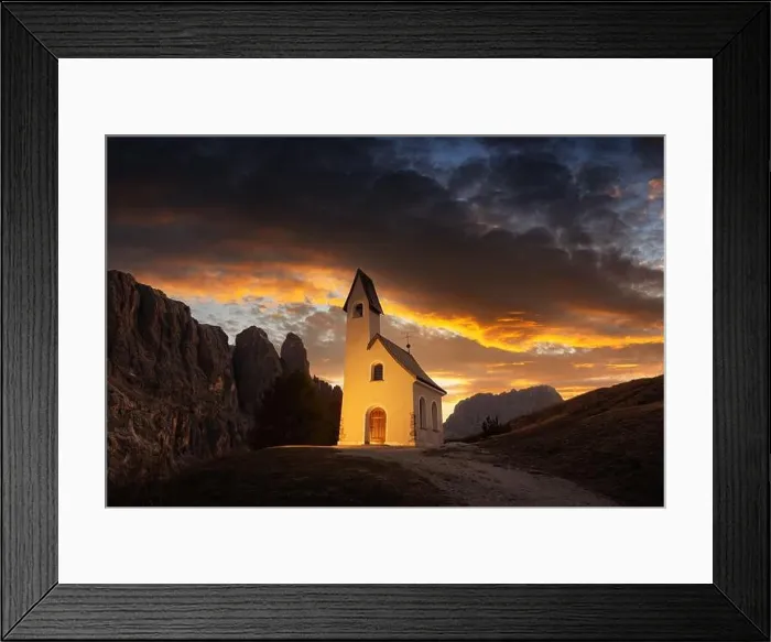 Framed Print : Incredible view on small iIlluminated chapel - Kapelle Ciapela on Gardena Pass, Italian Dolomites mountains. Colorful sunset in Dolomite Alps, Italy Framed Print : Incredible view on small iIlluminated chapel - Kapelle Ciapela on Gardena Pass, Italian Dolomites mountains. Colorful sunset in Dolomite Alps, Italy