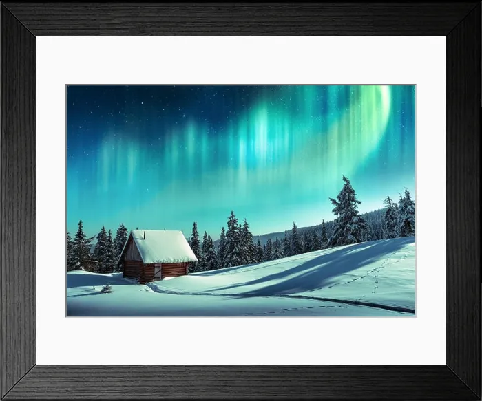 Framed Print : Fantastic winter landscape with wooden house in snowy mountains and northen light in night sky Framed Print : Fantastic winter landscape with wooden house in snowy mountains and northen light in night sky
