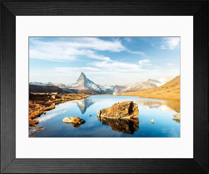 Framed Print : Picturesque landscape with colorful sunrise on Stellisee lake. Snowy Matterhorn Cervino peak with reflection in clear water. Zermatt, Swiss Alps Framed Print : Picturesque landscape with colorful sunrise on Stellisee lake. Snowy Matterhorn Cervino peak with reflection in clear water. Zermatt, Swiss Alps