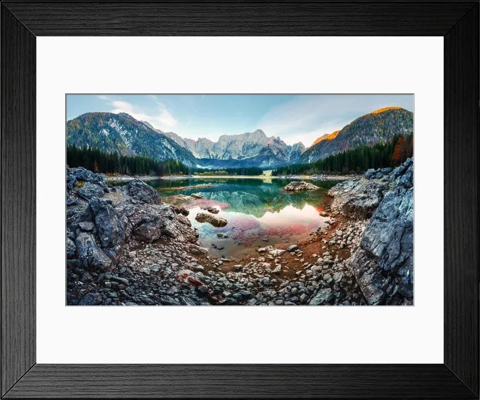 Framed Print : Colorful sunrise on Fusine lake. Picturesque autumn scene with Mangart peak on background. Julian Alps, Udine Province, Italy Framed Print : Colorful sunrise on Fusine lake. Picturesque autumn scene with Mangart peak on background. Julian Alps, Udine Province, Italy