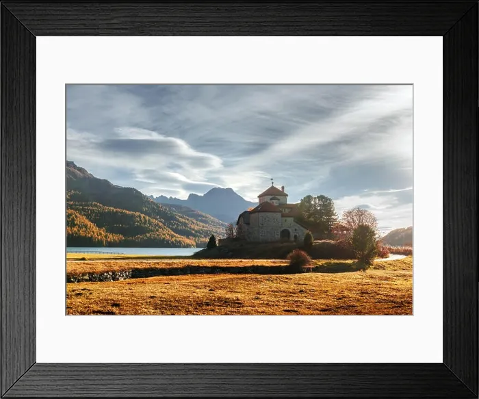 Framed Print : Amazing autumn sunny day at Champferersee lake in the Swiss Alps. Castle of Crap da Sass, Silvaplana village, Switzerland, Europe Framed Print : Amazing autumn sunny day at Champferersee lake in the Swiss Alps. Castle of Crap da Sass, Silvaplana village, Switzerland, Europe