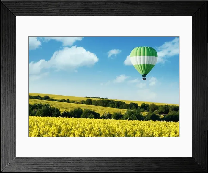 Framed Print : Green balloon under yellow rape field on blue sky background. Landscape photography Framed Print : Green balloon under yellow rape field on blue sky background. Landscape photography