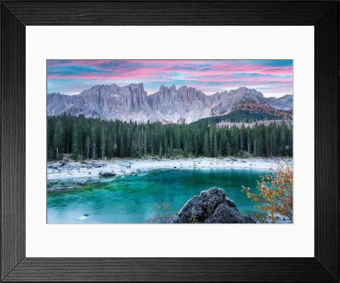 Framed Print : Picturesque view on frozen Karersee lake in Bolzano province - South Tyrol. Pink sunrise in Italian Dolomite Alps. Landscape photography Framed Print : Picturesque view on frozen Karersee lake in Bolzano province - South Tyrol. Pink sunrise in Italian Dolomite Alps. Landscape photography