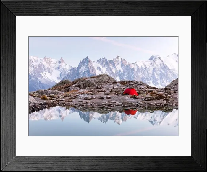 Framed Print : Red tent on Lac Blanc lake coast in France Alps. Monte Bianco mountains range on background. Landscape photography, Chamonix Framed Print : Red tent on Lac Blanc lake coast in France Alps. Monte Bianco mountains range on background. Landscape photography, Chamonix
