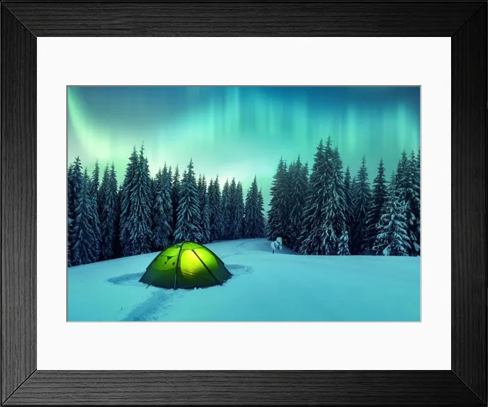 Framed Print : Aurora borealis. Northern lights in winter forest. Sky with polar lights and stars. Night winter landscape with aurora Framed Print : Aurora borealis. Northern lights in winter forest. Sky with polar lights and stars. Night winter landscape with aurora