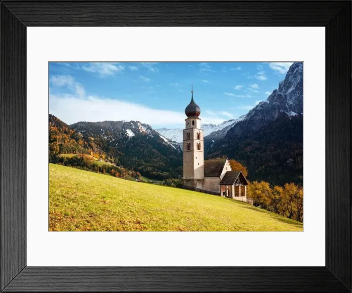 Framed Print : St. Valentin (Kastelruth) Village Church at the autumn Dolomite Alps. Amazing landscape with small chapel on sunny meadow Framed Print : St. Valentin (Kastelruth) Village Church at the autumn Dolomite Alps. Amazing landscape with small chapel on sunny meadow