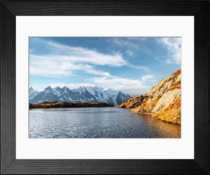 Framed Print : Incredible view of clear water and sky reflection on Chesery lake (Lac De Cheserys) in France Alps. Monte Bianco mountains range on background Framed Print : Incredible view of clear water and sky reflection on Chesery lake (Lac De Cheserys) in France Alps. Monte Bianco mountains range on background