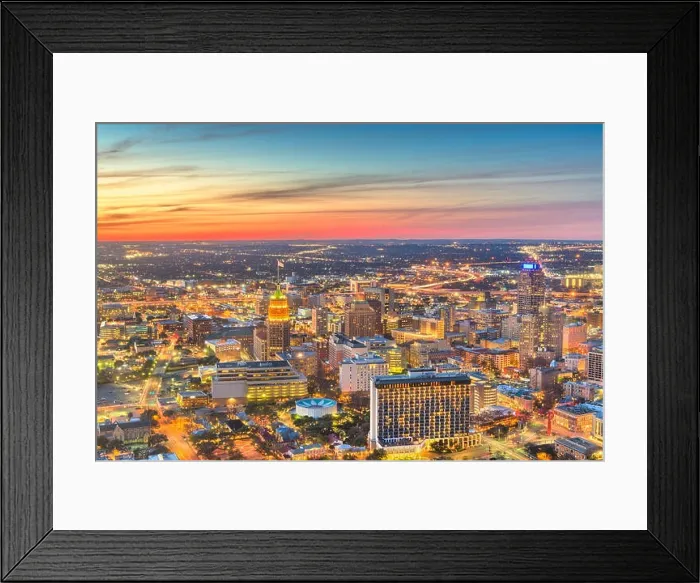 Framed Print : San Antonio, Texas, USA downtown city skyline from above just after sunset Framed Print : San Antonio, Texas, USA downtown city skyline from above just after sunset