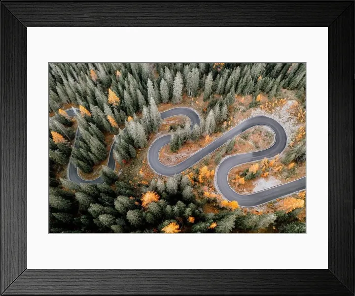 Framed Print : Top aerial view of famous Snake road near Passo Giau in Dolomite Alps. Winding mountains road in lush forest with orange larch trees Framed Print : Top aerial view of famous Snake road near Passo Giau in Dolomite Alps. Winding mountains road in lush forest with orange larch trees