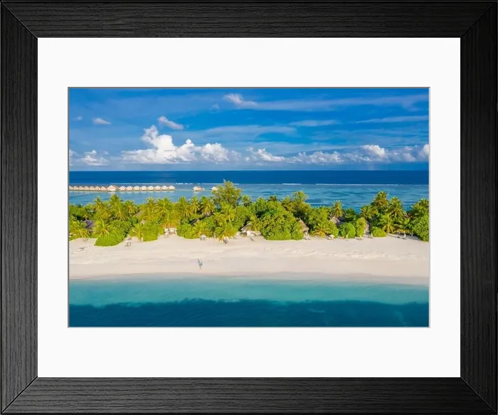 Framed Print : Aerial view of beach in Maldives. Amazing aerial landscape in Maldives islands, blue sea and coral reef view from drone or plane. Exotic summer travel Framed Print : Aerial view of beach in Maldives. Amazing aerial landscape in Maldives islands, blue sea and coral reef view from drone or plane. Exotic summer travel