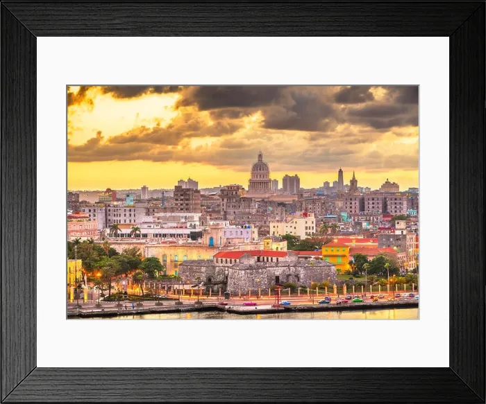 Framed Print : Havana, Cuba downtown skyline over the Malecon waterfront at dusk