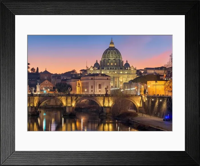 Framed Print : St. Peter's Basilica in Vatican City on the Tiber River through Rome, Italy at dusk