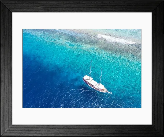 Framed Print : Beautiful turquoise ocean water boat top view aerial photo. Aerial view speed boat in the sea. Exotic sea lagoon, snorkel adventure, tropical ocean Framed Print : Beautiful turquoise ocean water boat top view aerial photo. Aerial view speed boat in the sea. Exotic sea lagoon, snorkel adventure, tropical ocean
