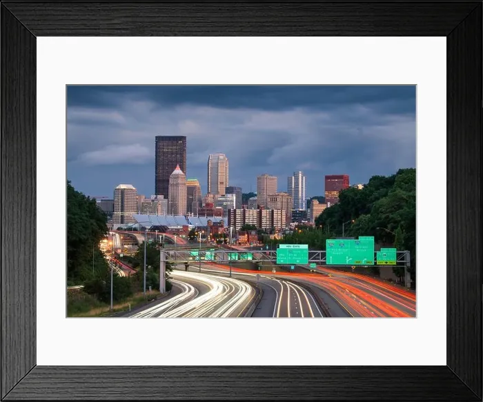 Framed Print : Pittsburgh, Pennsylvania, USA downtown city skyline over looking highways at dusk Framed Print : Pittsburgh, Pennsylvania, USA downtown city skyline over looking highways at dusk