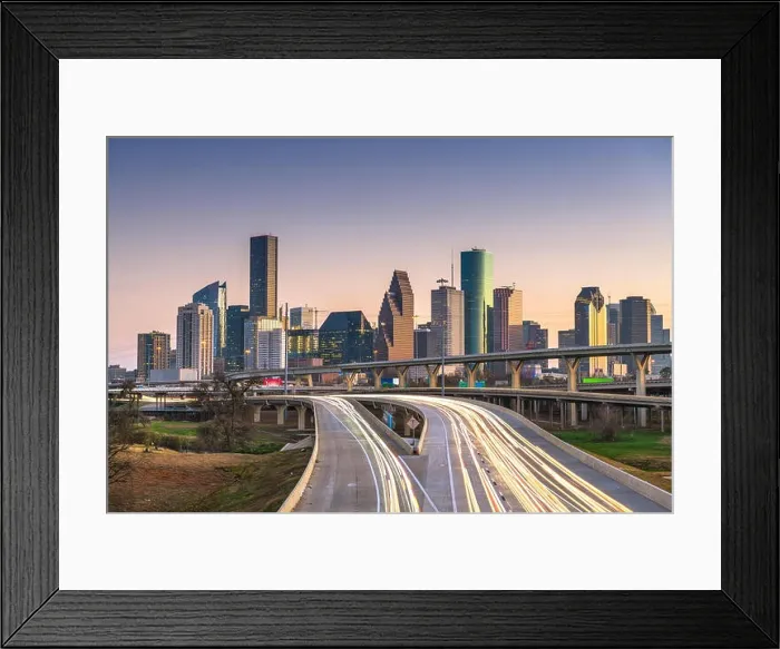 Framed Print : Houston, Texas, USA downtown city skyline and highway at dusk