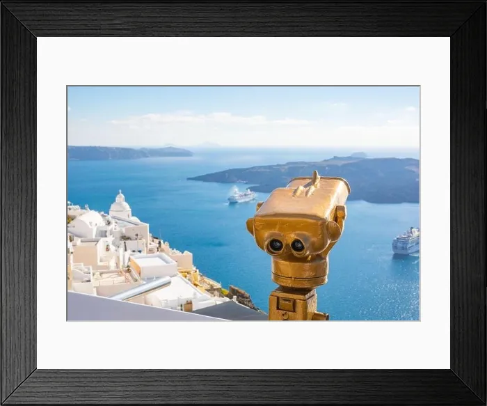 Framed Print : Peaceful view in Santorini, Greece with white architecture and flowers, cruise ships, Mediterranean summer mood, vacation and travel background Framed Print : Peaceful view in Santorini, Greece with white architecture and flowers, cruise ships, Mediterranean summer mood, vacation and travel background