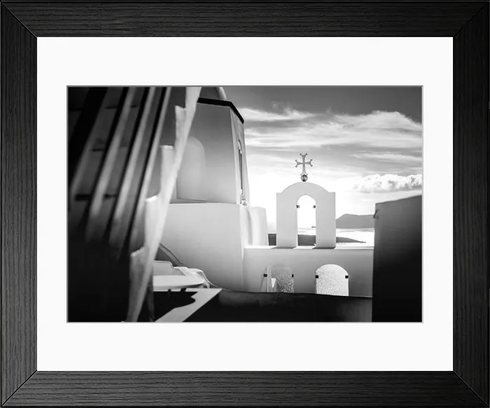 Framed Print : Peaceful view in Santorini, Greece with white architecture and flowers, cruise ships, Mediterranean summer mood, vacation and travel background Framed Print : Peaceful view in Santorini, Greece with white architecture and flowers, cruise ships, Mediterranean summer mood, vacation and travel background