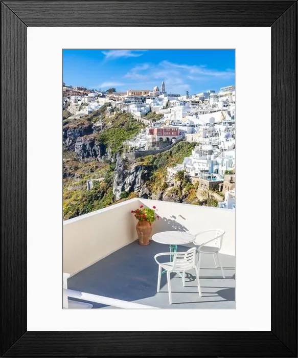 Framed Print : Peaceful view in Santorini, Greece with white architecture and flowers, cruise ships, Mediterranean summer mood, vacation and travel background
