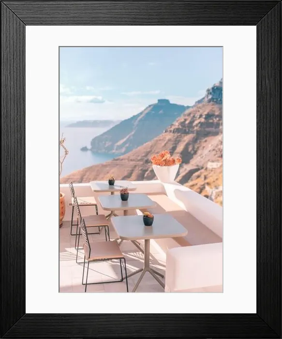 Framed Print : Peaceful view in Santorini, Greece with white architecture and flowers, cruise ships, Mediterranean summer mood, vacation and travel background