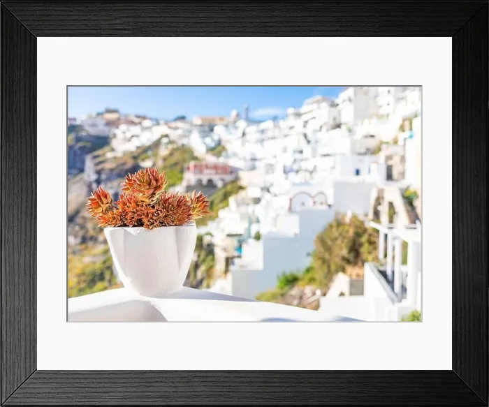Framed Print : Peaceful view in Santorini, Greece with white architecture and flowers, cruise ships, Mediterranean summer mood, vacation and travel background Framed Print : Peaceful view in Santorini, Greece with white architecture and flowers, cruise ships, Mediterranean summer mood, vacation and travel background