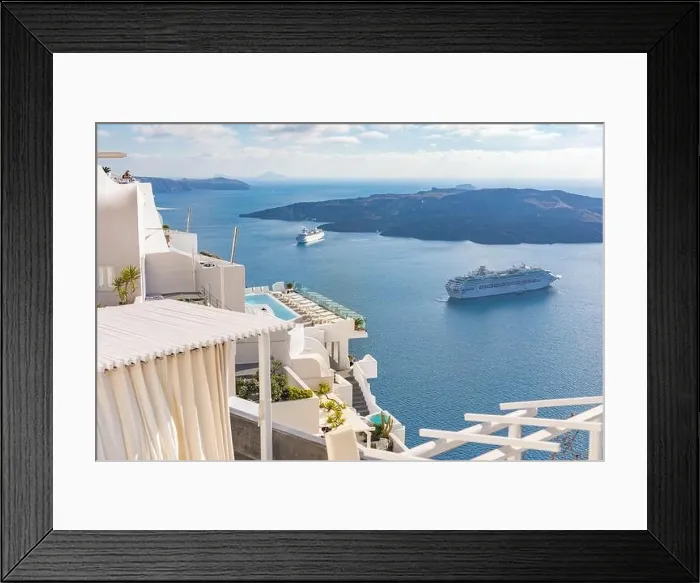 Framed Print : Peaceful view in Santorini, Greece with white architecture and flowers, cruise ships, Mediterranean summer mood, vacation and travel background Framed Print : Peaceful view in Santorini, Greece with white architecture and flowers, cruise ships, Mediterranean summer mood, vacation and travel background