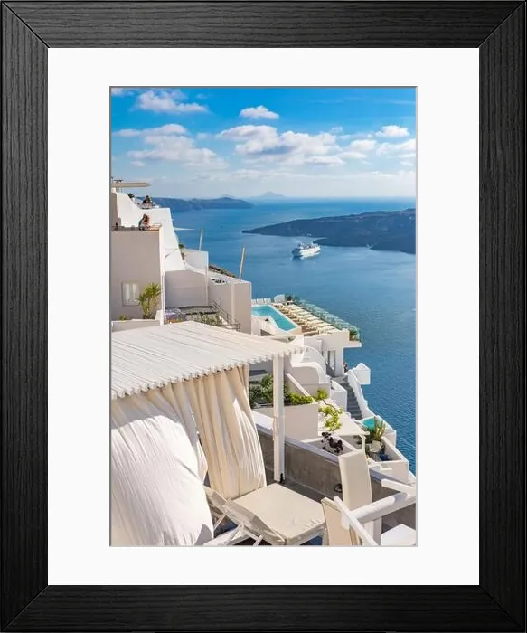 Framed Print : Peaceful view in Santorini, Greece with white architecture and flowers, cruise ships, Mediterranean summer mood, vacation and travel background Framed Print : Peaceful view in Santorini, Greece with white architecture and flowers, cruise ships, Mediterranean summer mood, vacation and travel background