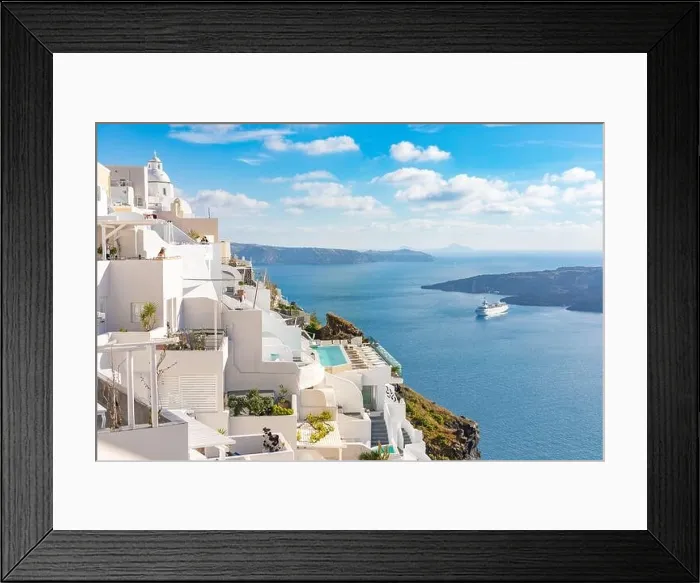 Framed Print : Peaceful view in Santorini, Greece with white architecture and flowers, cruise ships, Mediterranean summer mood, vacation and travel background Framed Print : Peaceful view in Santorini, Greece with white architecture and flowers, cruise ships, Mediterranean summer mood, vacation and travel background