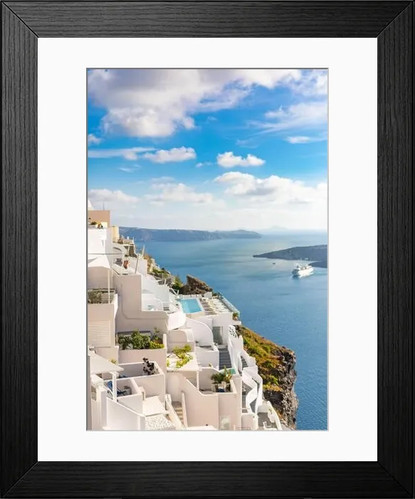 Framed Print : Peaceful view in Santorini, Greece with white architecture and flowers, cruise ships, Mediterranean summer mood, vacation and travel background Framed Print : Peaceful view in Santorini, Greece with white architecture and flowers, cruise ships, Mediterranean summer mood, vacation and travel background