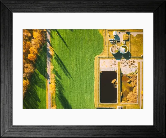 Framed Print : Aerial view gas station in sunny autumn rural landscape. Elevated view flat view gas station standing in a field in sunny autumn day Framed Print : Aerial view gas station in sunny autumn rural landscape. Elevated view flat view gas station standing in a field in sunny autumn day