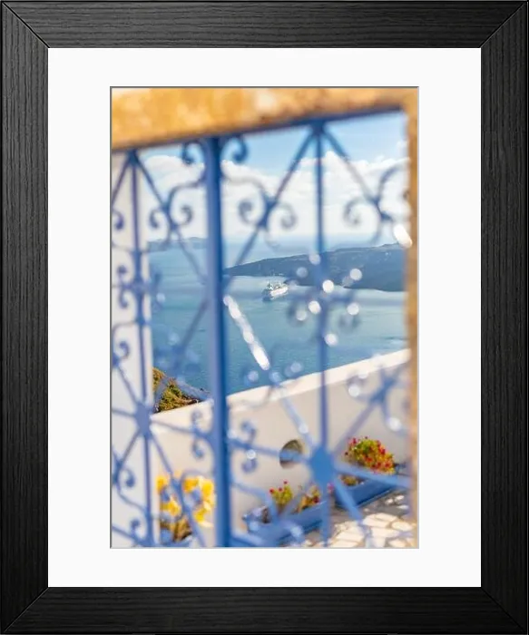Framed Print : Peaceful view in Santorini, Greece with white architecture and flowers, cruise ships, Mediterranean summer mood, vacation and travel background Framed Print : Peaceful view in Santorini, Greece with white architecture and flowers, cruise ships, Mediterranean summer mood, vacation and travel background