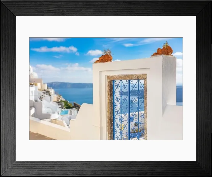 Framed Print : Peaceful view in Santorini, Greece with white architecture and flowers, cruise ships, Mediterranean summer mood, vacation and travel background Framed Print : Peaceful view in Santorini, Greece with white architecture and flowers, cruise ships, Mediterranean summer mood, vacation and travel background