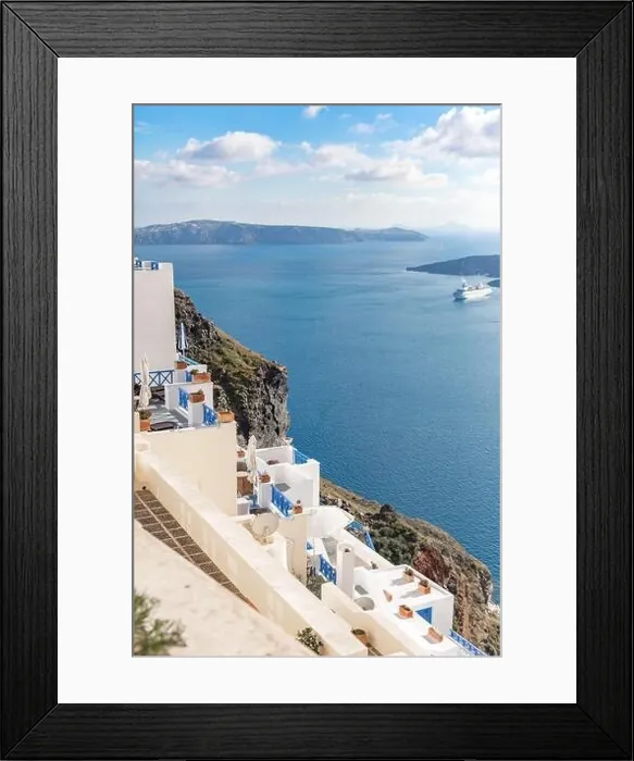 Framed Print : Peaceful view in Santorini, Greece with white architecture and flowers, cruise ships, Mediterranean summer mood, vacation and travel background