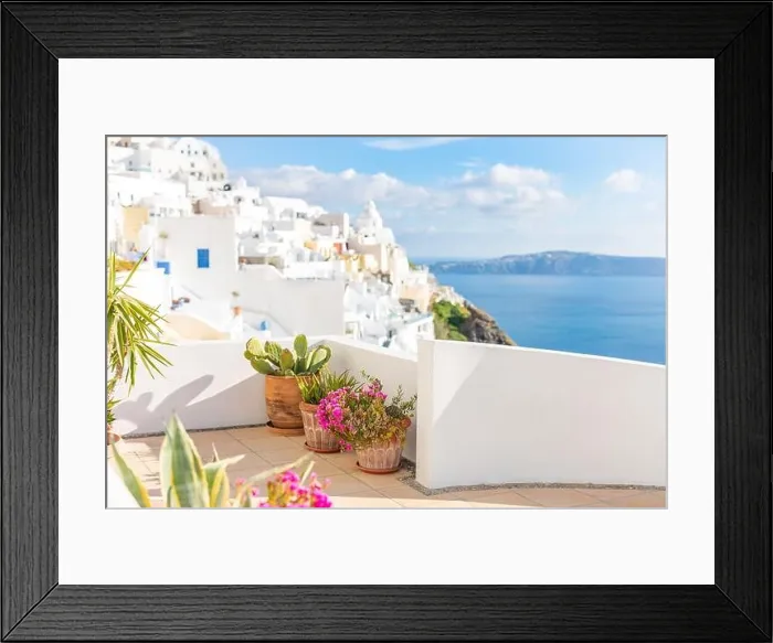 Framed Print : Peaceful view in Santorini, Greece with white architecture and flowers, cruise ships, Mediterranean summer mood, vacation and travel background Framed Print : Peaceful view in Santorini, Greece with white architecture and flowers, cruise ships, Mediterranean summer mood, vacation and travel background