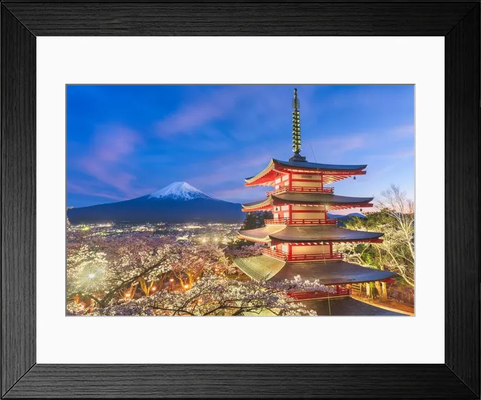 Framed Print : Fujiyoshida, Japan view of Mt. Fuji and pagoda in spring season with cherry blossoms at dusk