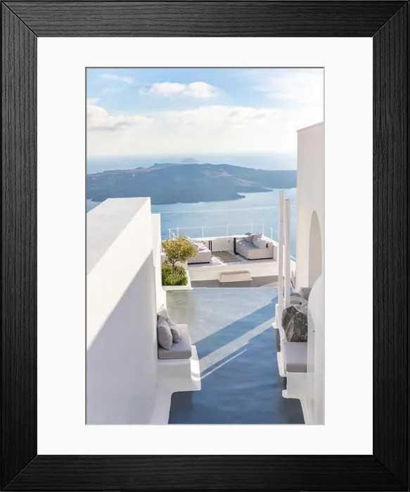 Framed Print : Peaceful view in Santorini, Greece with white architecture and flowers, cruise ships, Mediterranean summer mood, vacation and travel background Framed Print : Peaceful view in Santorini, Greece with white architecture and flowers, cruise ships, Mediterranean summer mood, vacation and travel background