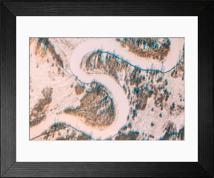 Framed Print : Aerial view forest woods and river landscape in winter day. Top view of beautiful european nature from high attitude in winter season. Bird's eye view Framed Print : Aerial view forest woods and river landscape in winter day. Top view of beautiful european nature from high attitude in winter season. Bird's eye view