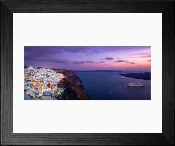 Framed Print : Amazing evening view of Santorini island. Picturesque spring sunset famous Greek resort Fira, Greece, Europe. Traveling concept background. Art summer Framed Print : Amazing evening view of Santorini island. Picturesque spring sunset famous Greek resort Fira, Greece, Europe. Traveling concept background. Art summer