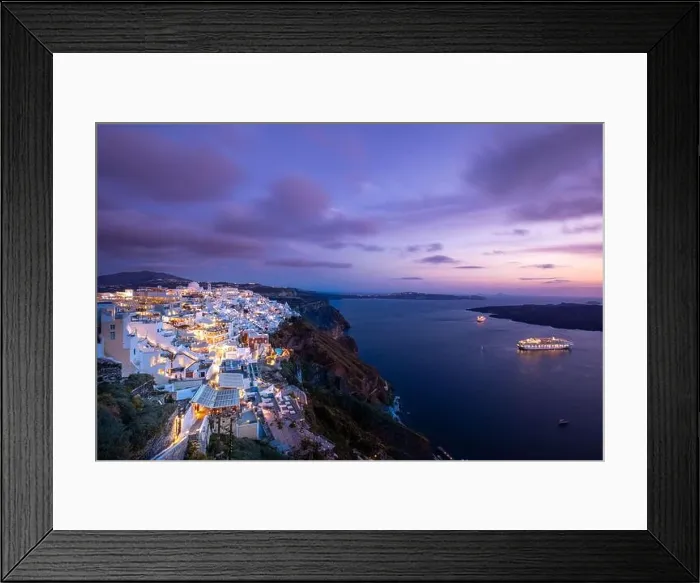 Framed Print : Amazing evening view of Santorini island. Picturesque spring sunset famous Greek resort Fira, Greece, Europe. Traveling concept background. Art summer Framed Print : Amazing evening view of Santorini island. Picturesque spring sunset famous Greek resort Fira, Greece, Europe. Traveling concept background. Art summer