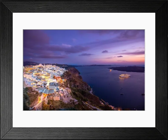 Framed Print : Amazing evening view of Santorini island. Picturesque spring sunset famous Greek resort Fira, Greece, Europe. Traveling concept background. Art summer Framed Print : Amazing evening view of Santorini island. Picturesque spring sunset famous Greek resort Fira, Greece, Europe. Traveling concept background. Art summer