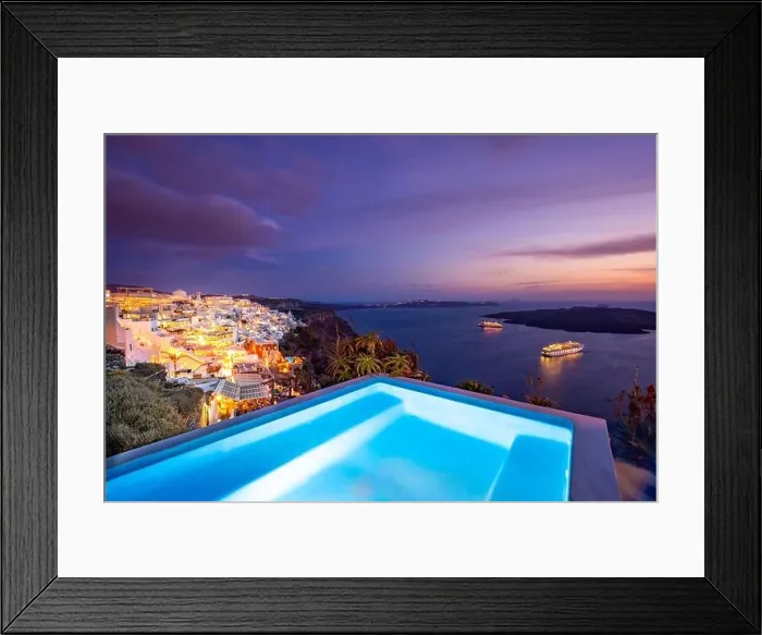 Framed Print : Amazing evening landscape of Fira, infinity pool caldera view Santorini, Greece with cruise ships sunset. Cloudy dramatic sky sunset, wonderful summer Framed Print : Amazing evening landscape of Fira, infinity pool caldera view Santorini, Greece with cruise ships sunset. Cloudy dramatic sky sunset, wonderful summer
